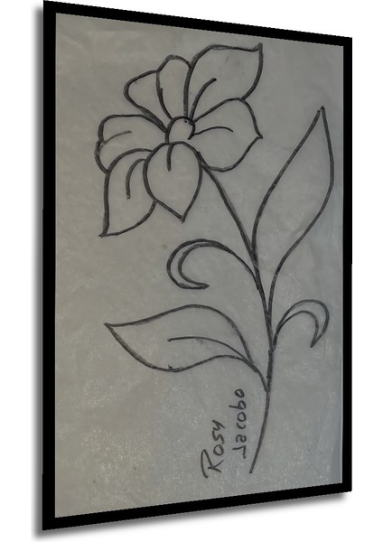 Zarif Çiçek Tasarım Desen Kara Kalem Görünümlü Ahşap Tablo Dikdörtgen Tablo