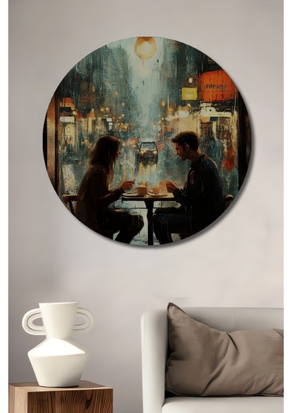 Yağlı Boya Görünümlü Modern Sanat Yağmur Altında Aşk Kahve Keyfi Ahşap Tablo Yuvarlak Tablo