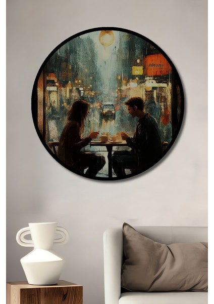 Yağlı Boya Görünümlü Modern Sanat Yağmur Altında Aşk Kahve Keyfi Ahşap Tablo Yuvarlak Tablo fiyatları