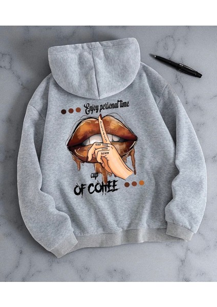 Punıx Büyük Beden Özel Tasarım Kapüşonlu Enjoy Tıme Sırt Baskılı %100 Pamuk Oversize Kadın Sweatshırt