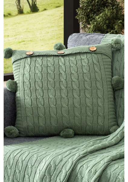 Ponponlu Triko Örme Kırlent Kılıfı - 40X40 cm Kare Yastık Kılıfı - Mint