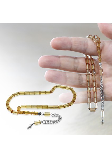 Ateş Kehribar Tesbih - Kararmaz Metal Püsküllü - Mini Boy - Bej Renk - Kesme Kesim fiyatları