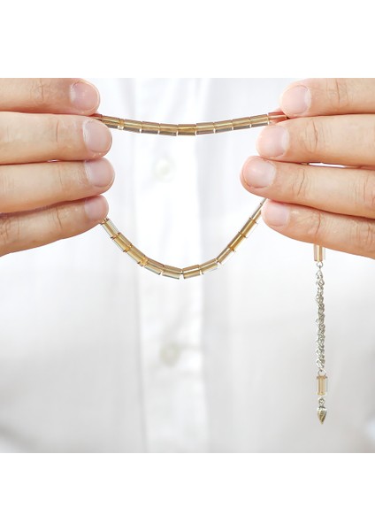 Ateş Kehribar Tesbih - Kararmaz Metal Püsküllü - Mini Boy - Bej Renk - Kesme Kesim fırsatları