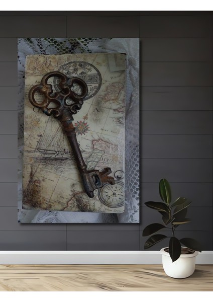 Ahşap Dekoratif Tablo Gızemlı Antika Anahtar Harita Tasarımı Yağlı Boya Görünümlü Dikdörtgen Tablo