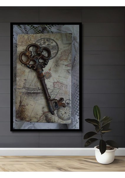 Ahşap Dekoratif Tablo Gızemlı Antika Anahtar Harita Tasarımı Yağlı Boya Görünümlü Dikdörtgen Tablo fiyatları
