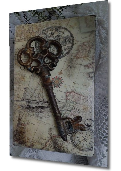 Ahşap Dekoratif Tablo Gızemlı Antika Anahtar Harita Tasarımı Yağlı Boya Görünümlü Dikdörtgen Tablo modelleri