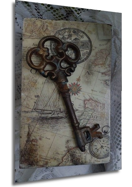 Ahşap Dekoratif Tablo Gızemlı Antika Anahtar Harita Tasarımı Yağlı Boya Görünümlü Dikdörtgen Tablo fırsatları