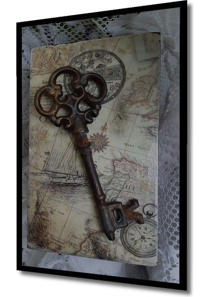 Ahşap Dekoratif Tablo Gızemlı Antika Anahtar Harita Tasarımı Yağlı Boya Görünümlü Dikdörtgen Tablo indirimleri
