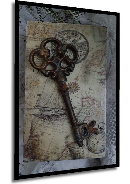 Ahşap Dekoratif Tablo Gızemlı Antika Anahtar Harita Tasarımı Yağlı Boya Görünümlü Dikdörtgen Tablo