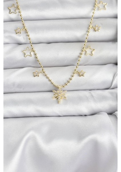 Pirinç Gold Renk Zirkon Taşlı Kutup Yıldızı Model Kadın Kolye - TJ-BKO10649