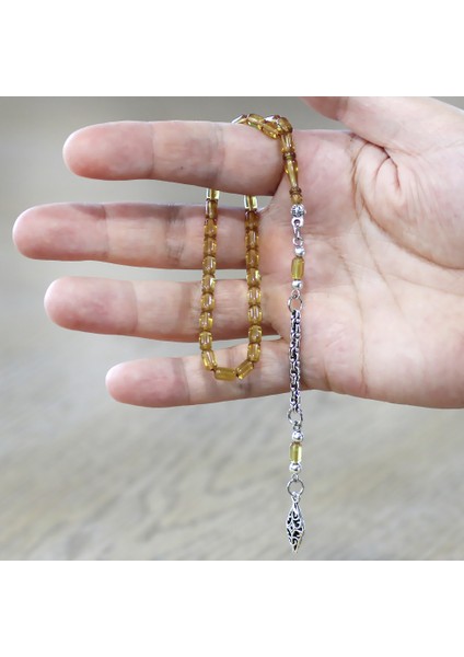 Ateş Kehribar Tesbih - Kararmaz Metal Arnavut Püsküllü - Mini Boy - Ihlamur Sarı - Kapsül Kesim fırsatları