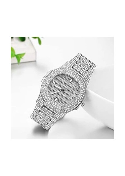 Gümüş Renk Taş Kaplama Oval Kasa Tasarım Kadın Kol Saati