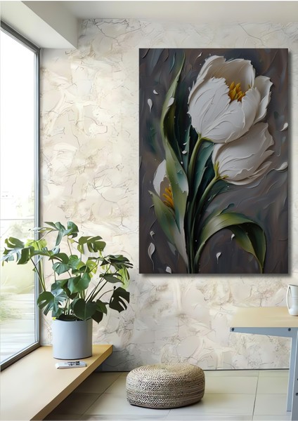 Beyaz Lale Yağlı Boya Görünümlü Ahşap Dekoratif Tablo Dikdörtgen Tablo