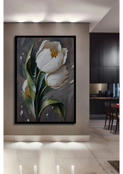 Beyaz Lale Yağlı Boya Görünümlü Ahşap Dekoratif Tablo Dikdörtgen Tablo fiyatları