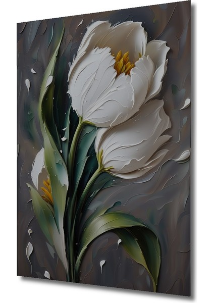 Beyaz Lale Yağlı Boya Görünümlü Ahşap Dekoratif Tablo Dikdörtgen Tablo modelleri