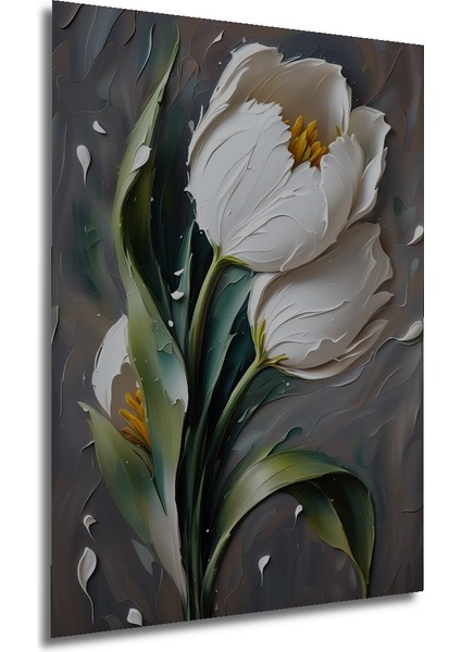 Beyaz Lale Yağlı Boya Görünümlü Ahşap Dekoratif Tablo Dikdörtgen Tablo fırsatları