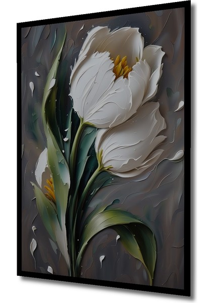 Beyaz Lale Yağlı Boya Görünümlü Ahşap Dekoratif Tablo Dikdörtgen Tablo indirimleri