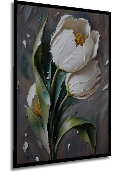 Beyaz Lale Yağlı Boya Görünümlü Ahşap Dekoratif Tablo Dikdörtgen Tablo