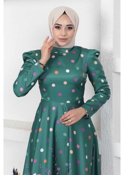 Çiçekli Puantiyeli Saten Abiye Zümrüt Msw fiyatları