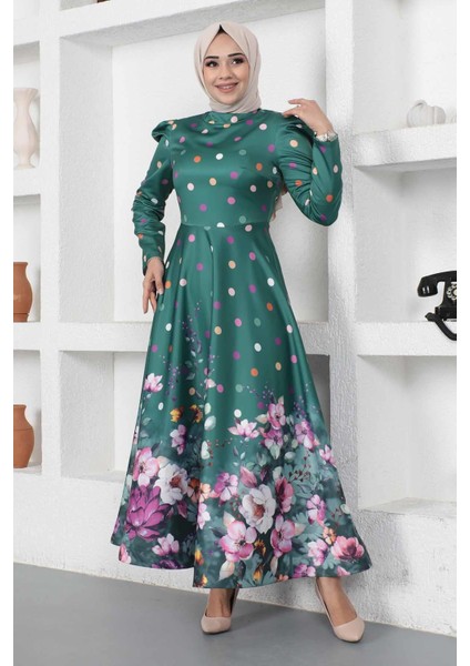 Çiçekli Puantiyeli Saten Abiye Zümrüt Msw modelleri