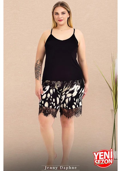Lady Büyük Beden Desenli Şort Askılı Sıfır Kol Dantelli Şortlu Pijama Takımı fiyatları