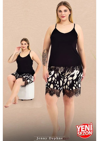 Lady Büyük Beden Desenli Şort Askılı Sıfır Kol Dantelli Şortlu Pijama Takımı modelleri