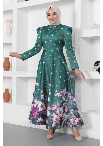 Çiçekli Puantiyeli Saten Abiye Zümrüt Msw fırsatları