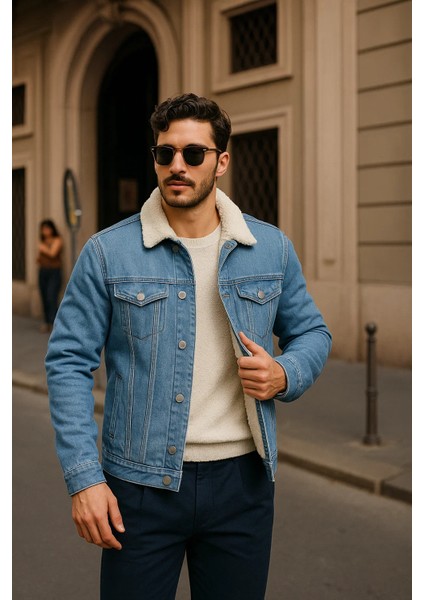 Erkek Kışlık Günlük Içi Kürk Klasik A.mavi Kot Ceket
