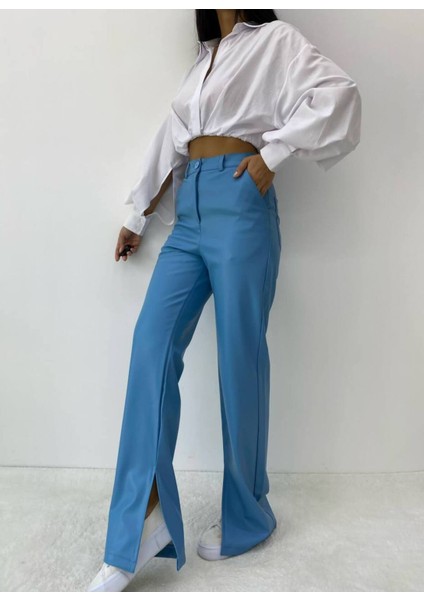 Kadın Mavi Yırtmaçlı Deri Pantolon - 10902