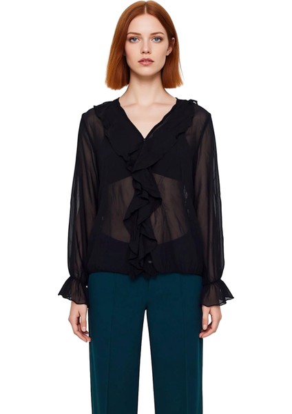 Kadın Regular Kalıp Şifon Bluz Kırışık Görünümlü V Yaka Uzun Kollu Gömlek Fonksiyonel Spor fiyatları