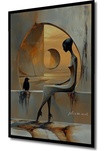 Gızemlı Kuş ve Insan Figürü Yağlı Boya Görünümlü Modern Sanat Ahşap Dekoratif Tablo Dikdörtgen Tablo indirimleri