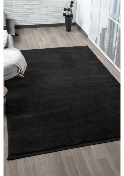 Cloudy Siyah Saçaklı Peluş Halı Yumuşacık Yıkanabilir Kaymaz Taban Halı Salon Oturma Odası Koridor