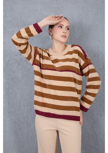 Kadın Krem-Taba Çizgili Şönil Kadife Bisiklet Yaka Omuzda Düğme Detaylı Triko Kazak