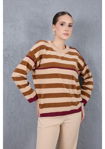 Kadın Krem-Taba Çizgili Şönil Kadife Bisiklet Yaka Omuzda Düğme Detaylı Triko Kazak fiyatları
