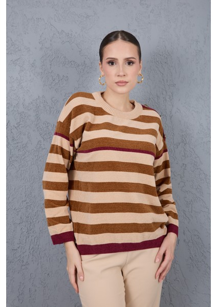 Kadın Krem-Taba Çizgili Şönil Kadife Bisiklet Yaka Omuzda Düğme Detaylı Triko Kazak fırsatları