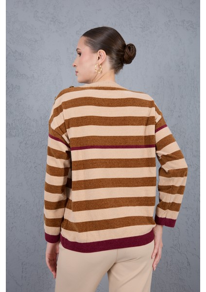 Kadın Krem-Taba Çizgili Şönil Kadife Bisiklet Yaka Omuzda Düğme Detaylı Triko Kazak indirimleri