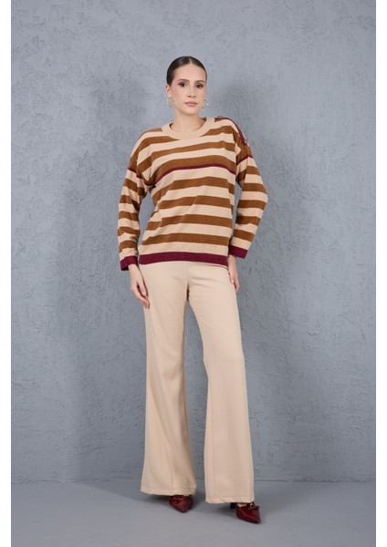 Kadın Krem-Taba Çizgili Şönil Kadife Bisiklet Yaka Omuzda Düğme Detaylı Triko Kazak