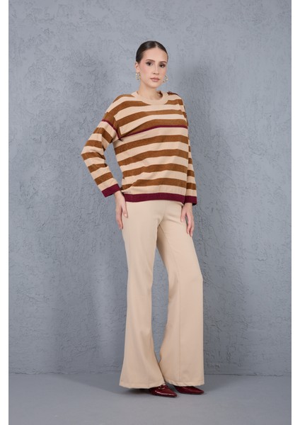 Kadın Krem-Taba Çizgili Şönil Kadife Bisiklet Yaka Omuzda Düğme Detaylı Triko Kazak