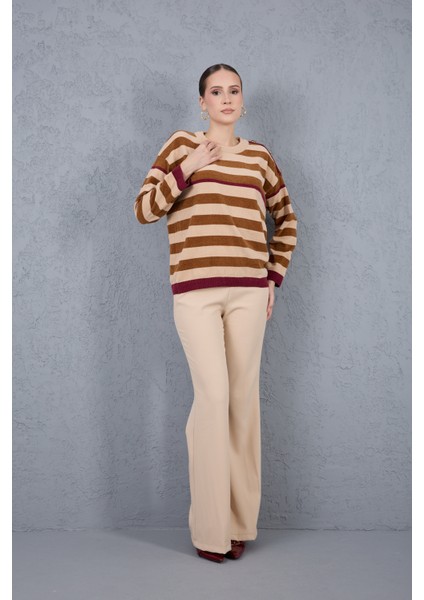 Kadın Krem-Taba Çizgili Şönil Kadife Bisiklet Yaka Omuzda Düğme Detaylı Triko Kazak