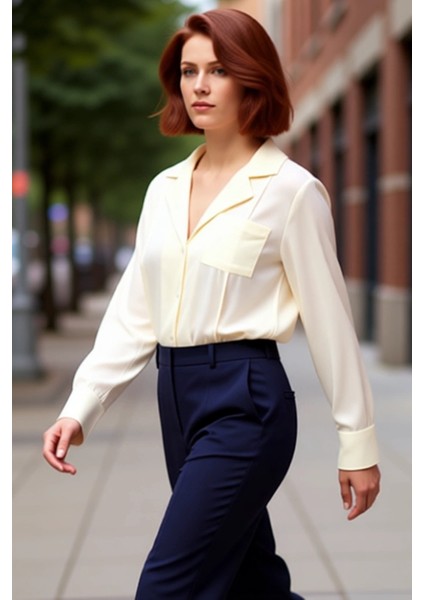 Kadın Gömlek Yaka Cep Detaylı Dokuma Büyük Beden Uzun Kollu Gömlek Ofis Fonksiyonel Modern