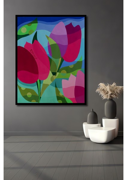 Renkli Lale Bahçesi Sulu Boya Görünümlü Modern Sanat Ahşap Dekoratif Tablo Dikdörtgen Tablo fiyatları