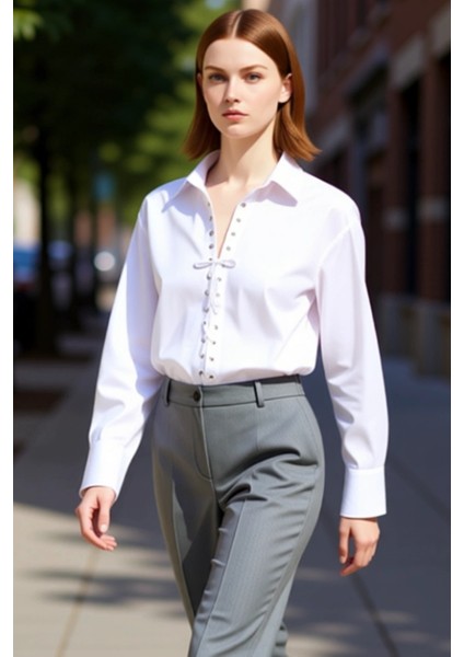 Kadın Oversize Gömlek Yaka Bağcık Detaylı Pamuk Polyester Karışımı Uzun Kollu Dokuma Gömlek