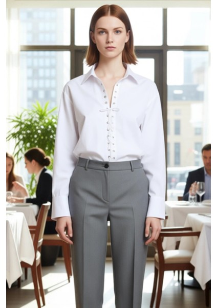 Kadın Oversize Gömlek Yaka Bağcık Detaylı Pamuk Polyester Karışımı Uzun Kollu Dokuma Gömlek fiyatları