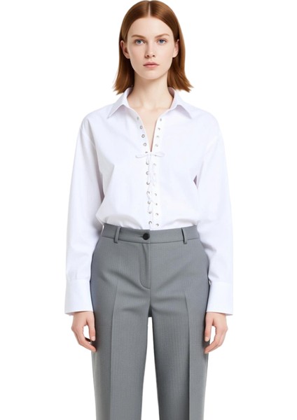 Kadın Oversize Gömlek Yaka Bağcık Detaylı Pamuk Polyester Karışımı Uzun Kollu Dokuma Gömlek fırsatları