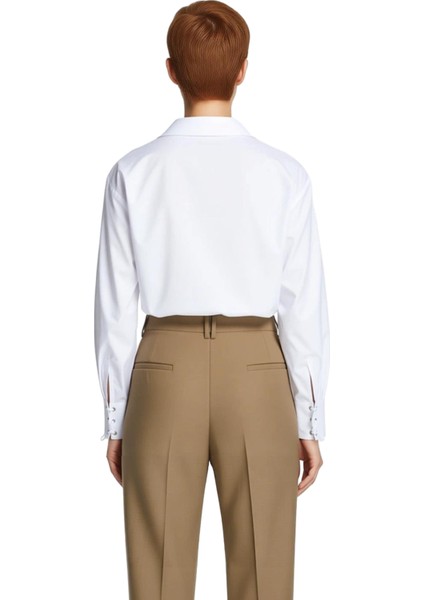 Kadın Oversize Gömlek Yaka Bağcık Detaylı Pamuk Polyester Karışımı Uzun Kollu Dokuma Gömlek indirimleri