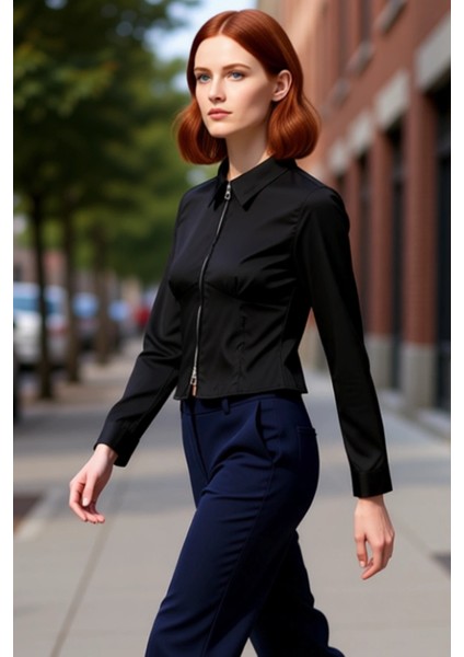 Kadın Uzun Kollu Gömlek Yaka Düz Desenli Fermuar Detaylı Fitted Kesim Bluz Iş Ortamı Rahat