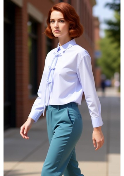 Kadın Çizgili Bağcık Detaylı Relaxed Kesim Uzun Kollu Dokuma Gömlek Şık Günlük Kombinler Spor