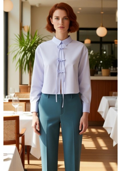 Kadın Çizgili Bağcık Detaylı Relaxed Kesim Uzun Kollu Dokuma Gömlek Şık Günlük Kombinler Spor fiyatları