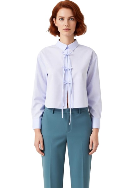 Kadın Çizgili Bağcık Detaylı Relaxed Kesim Uzun Kollu Dokuma Gömlek Şık Günlük Kombinler Spor fırsatları