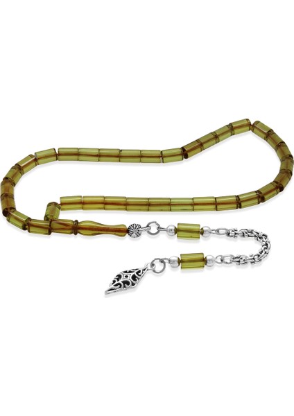 Ateş Kehribar Tesbih - Kararmaz Metal Arnavut Püsküllü - Mini Boy - Ihlamur Sarısı - Kesme Kesim